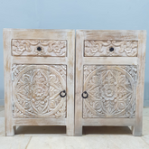 Handmade Indian Furniture Solid Hard Wood Floral Carvings Bedside Table Whitewash (Set 0f 2) 45x40x70Cm